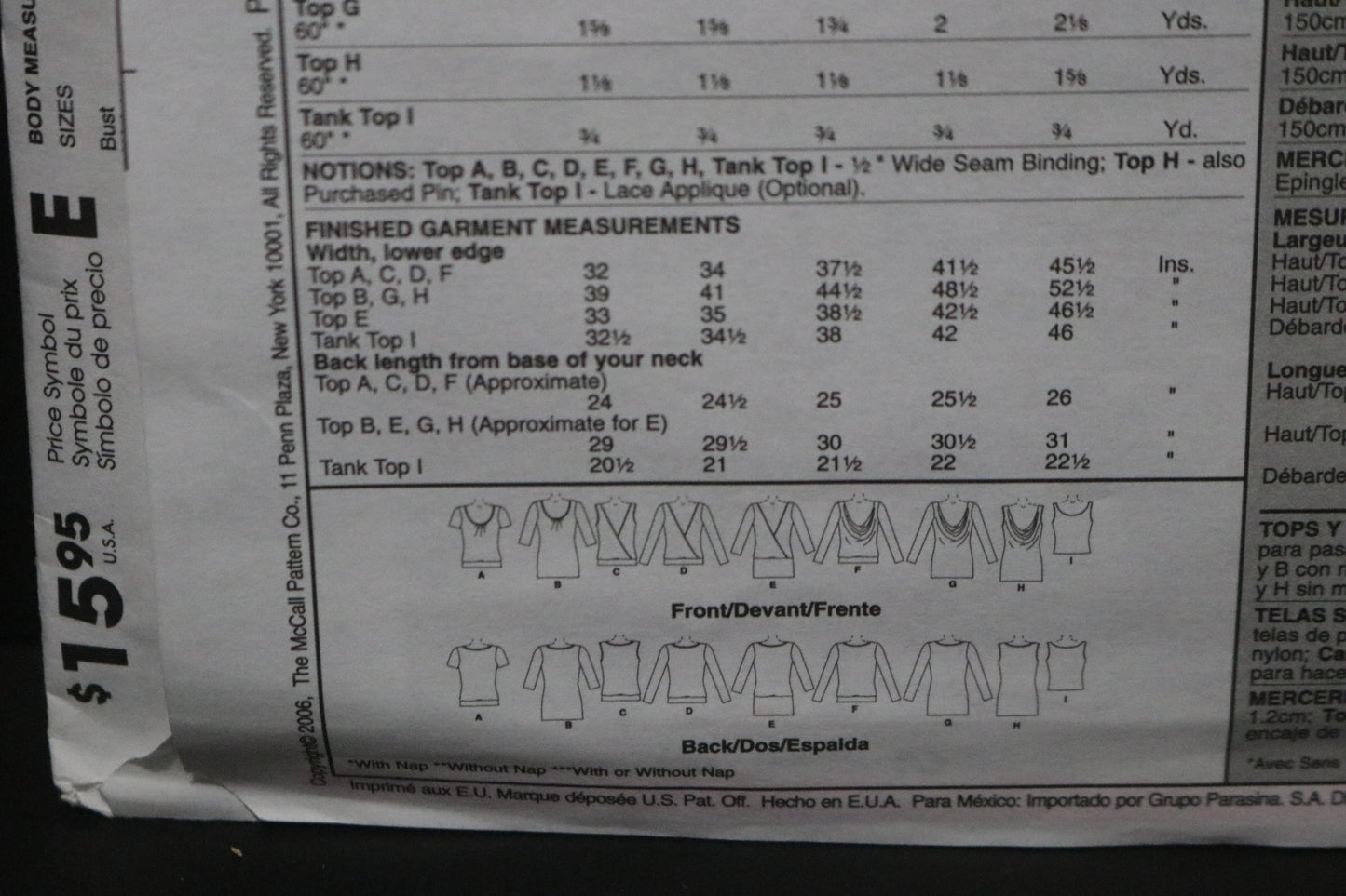 McCalls 5271 Misses Tops and Tank Top Sewing Pattern UNCUT - Size Lrg - Xlg