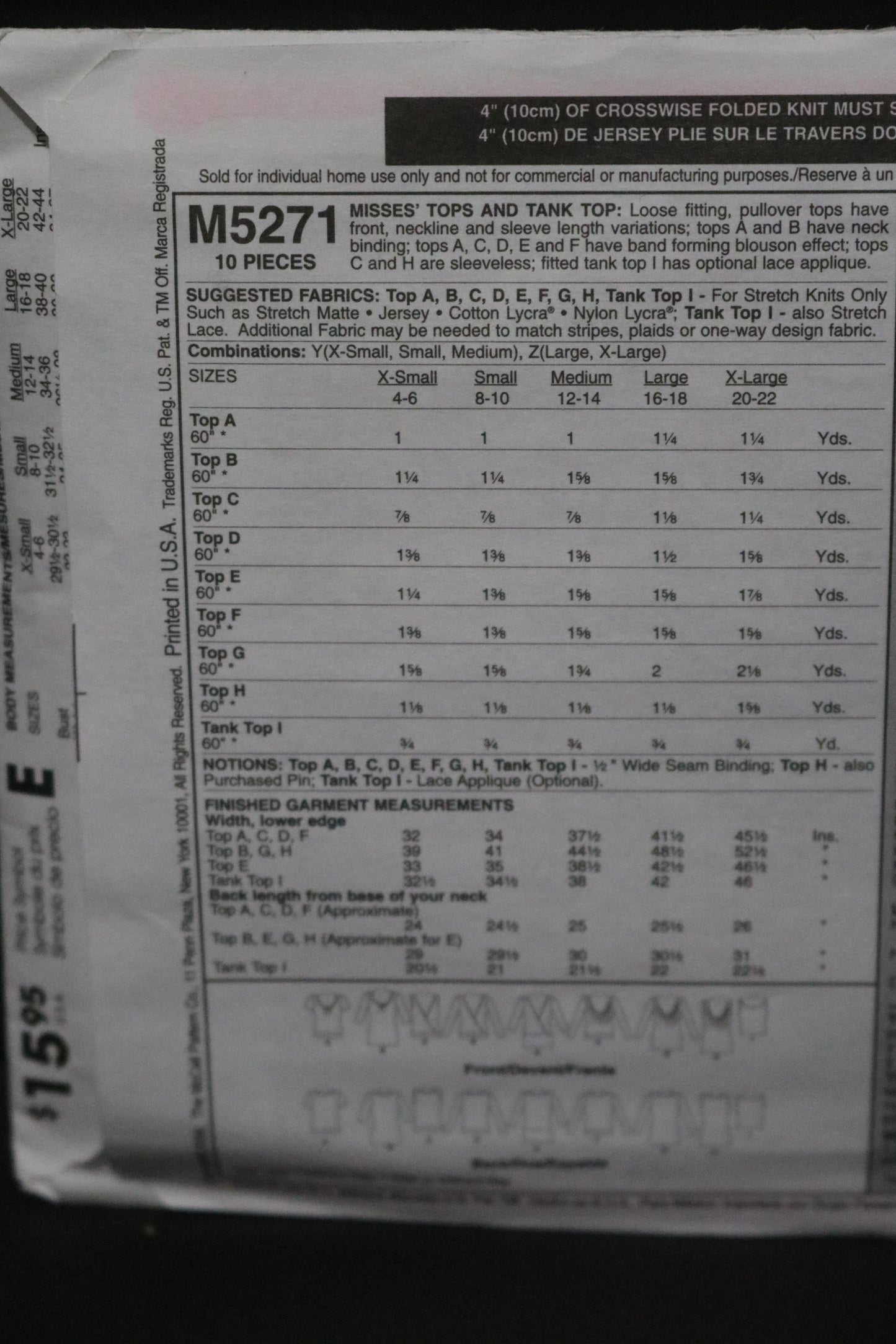 McCalls 5271 Misses Tops and Tank Top Sewing Pattern UNCUT - Size Lrg - Xlg