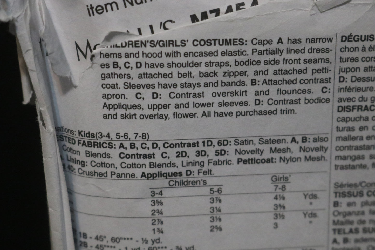 McCalls 7454 Children's Girls  Dress-Up Costumes with Attached Petticoat and Cape Sewing Pattern - UNCUT - Size 3/4 5/6 7/8