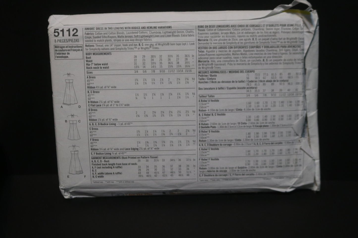 Simplicity 5112 Juniors Dress in Two Lengths with bodice and Hemline Variations Sewing Pattern UNCUT Size 3/4 - 9/10