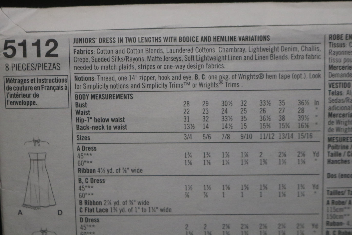 Simplicity 5112 Juniors Dress in Two Lengths with bodice and Hemline Variations Sewing Pattern UNCUT Size 3/4 - 9/10