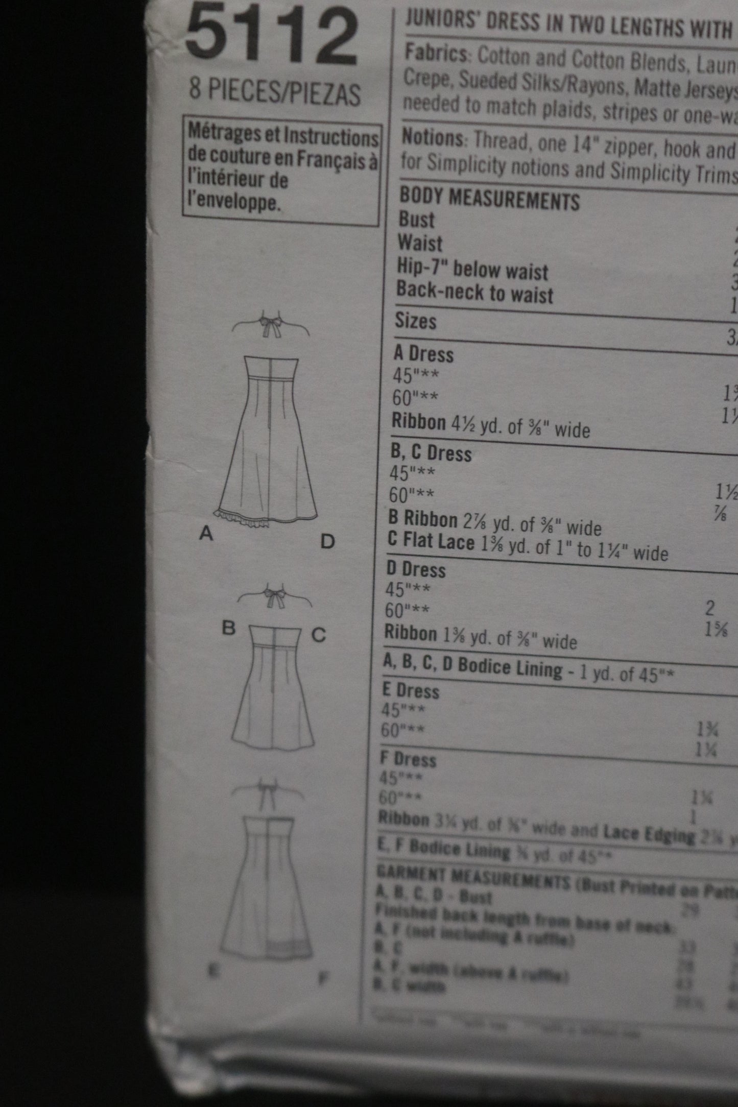 Simplicity 5112 Juniors Dress in Two Lengths with bodice and Hemline Variations Sewing Pattern UNCUT Size 3/4 - 9/10