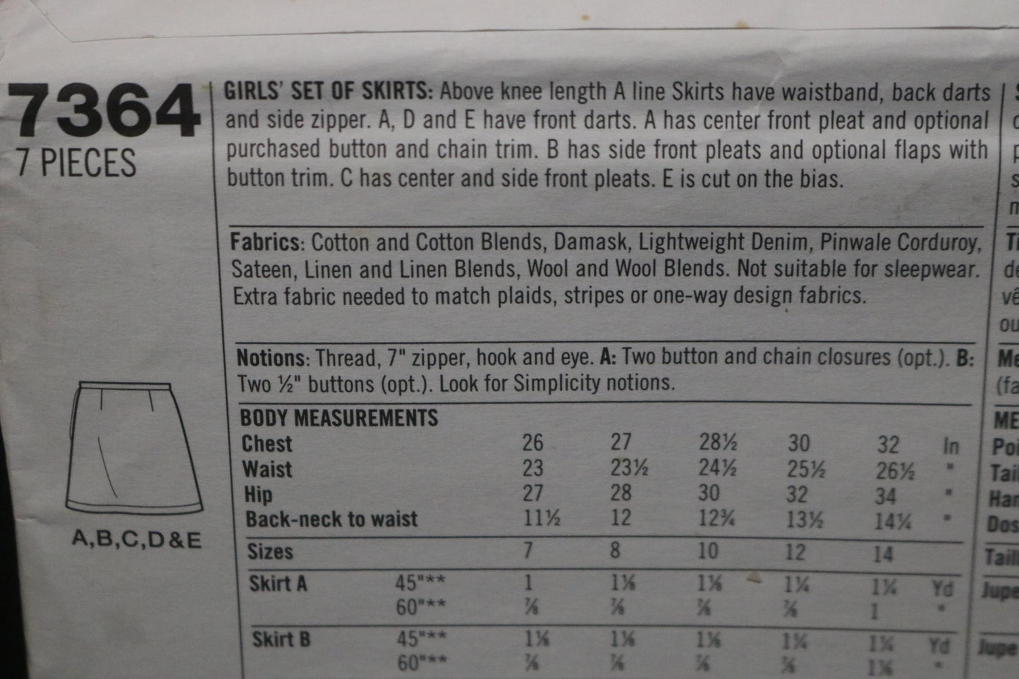 Simplicity 7364 Girls Set of Skirts Sewing Pattern - UNCUT -  Size 7 8 10