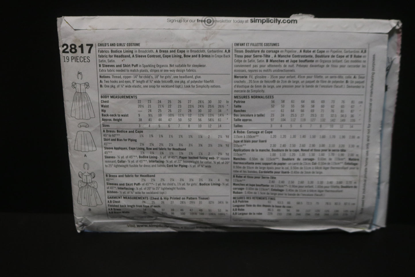 Simplicity 2817 Child and Girl Snow White and Cinderella Costume Sewing Pattern - UNCUT - Size 3 4 5 6 or Size  7 8 10 12 14