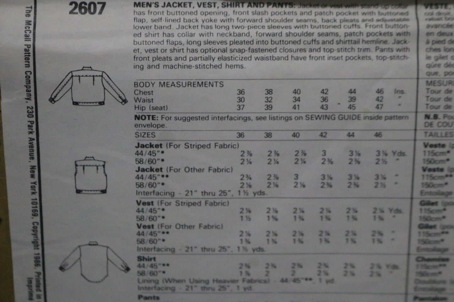 McCalls 2607 Mens Jacket Vest Shirt and Pants Sewing Pattern - UNCUT Size 42