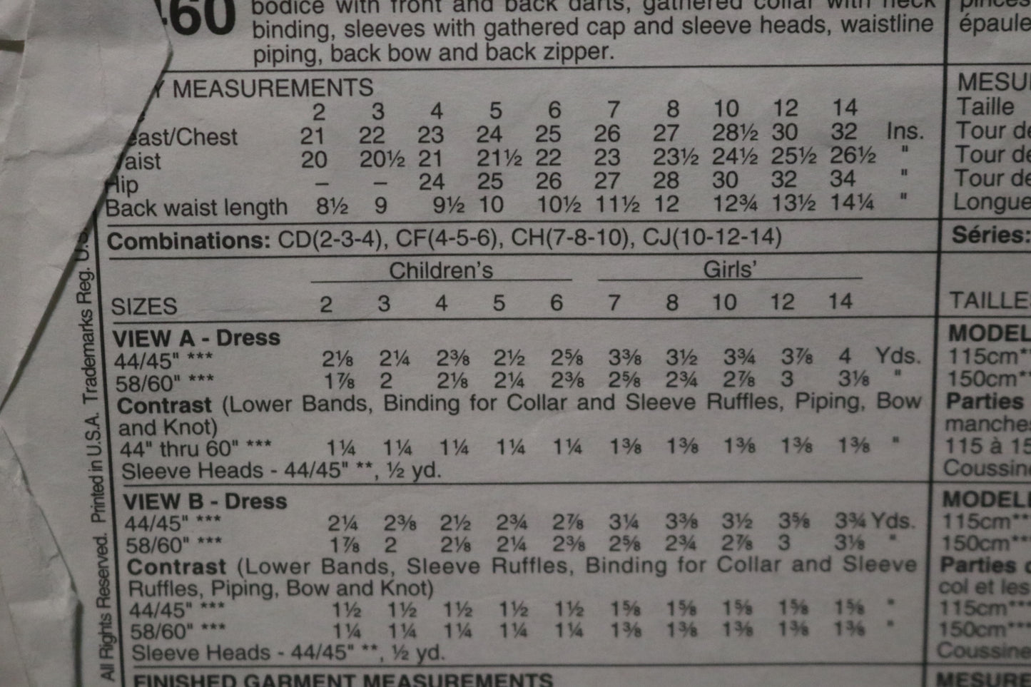 McCalls 6460 Children's Girls Dress Sewing Pattern UNCUT Size 7 8 10