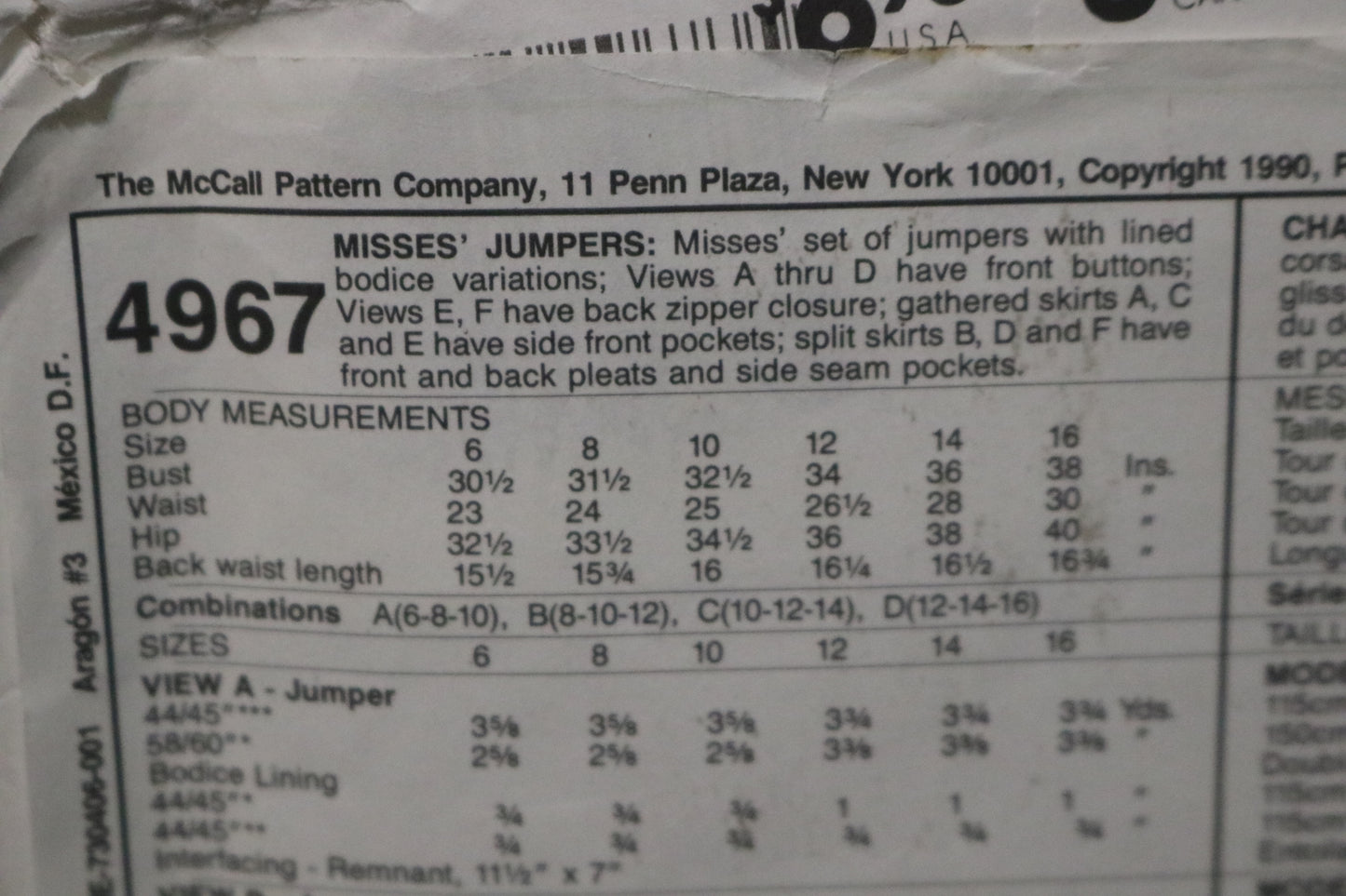 McCalls 4967 MIsses Jumper Sewing Pattern - UNCUT - Size 10 12 14