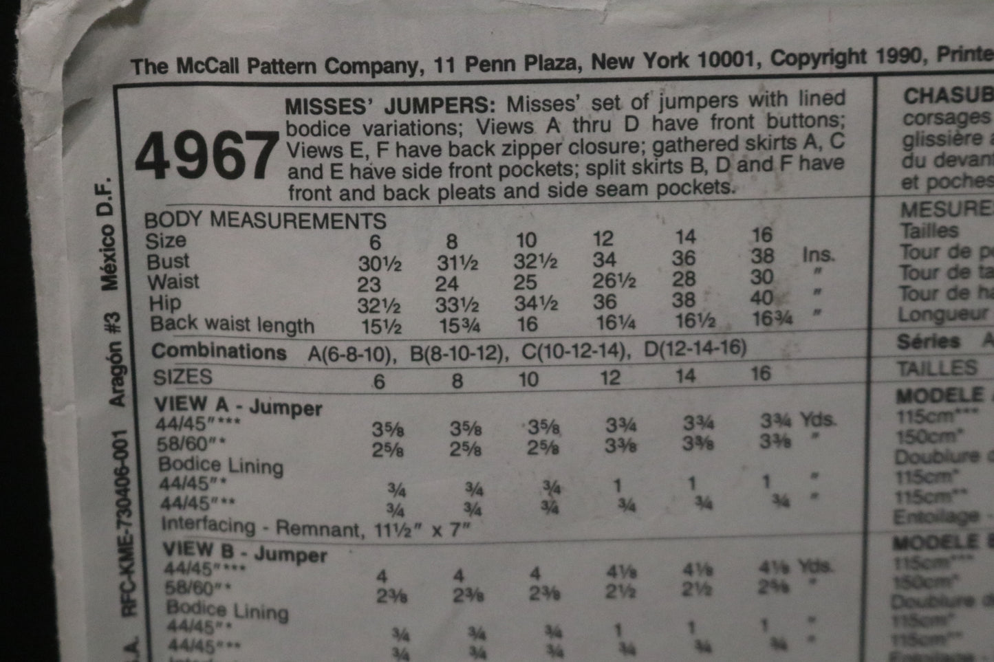 McCalls 4967 MIsses Jumper Sewing Pattern - UNCUT - Size 10 12 14