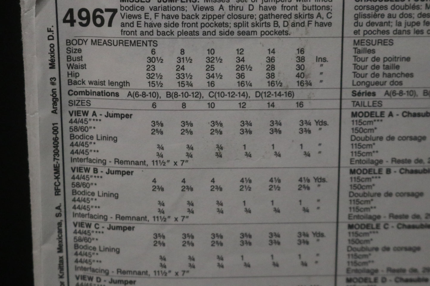 McCalls 4967 MIsses Jumper Sewing Pattern - UNCUT - Size 10 12 14