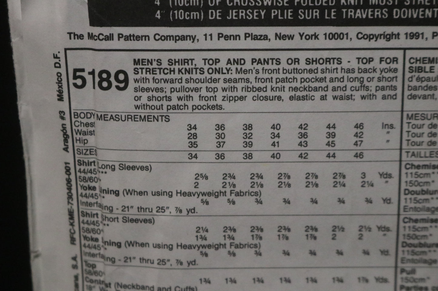 McCalls 5189 Men's Shirt Top and Pants or Shorts Sewing Pattern - UNCUT Size 34