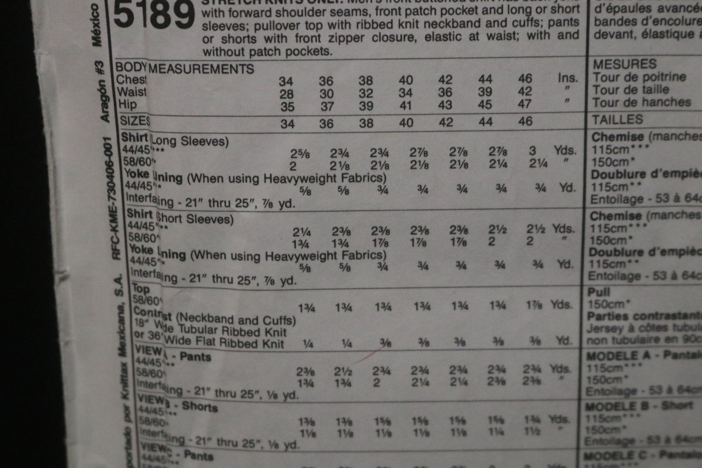 McCalls 5189 Men's Shirt Top and Pants or Shorts Sewing Pattern - UNCUT Size 34