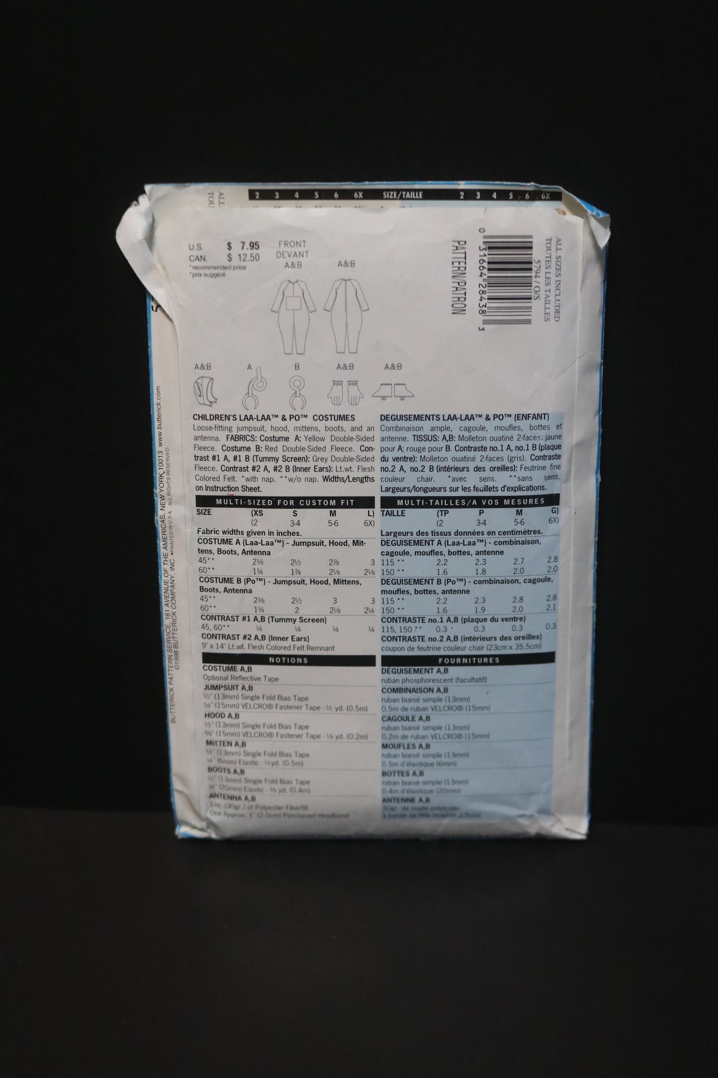 Butterick 5794 Tele Tubbies Children's LAA-LAA & PO Costumes Sewing Pattern - UNCUT - Size XS S M L