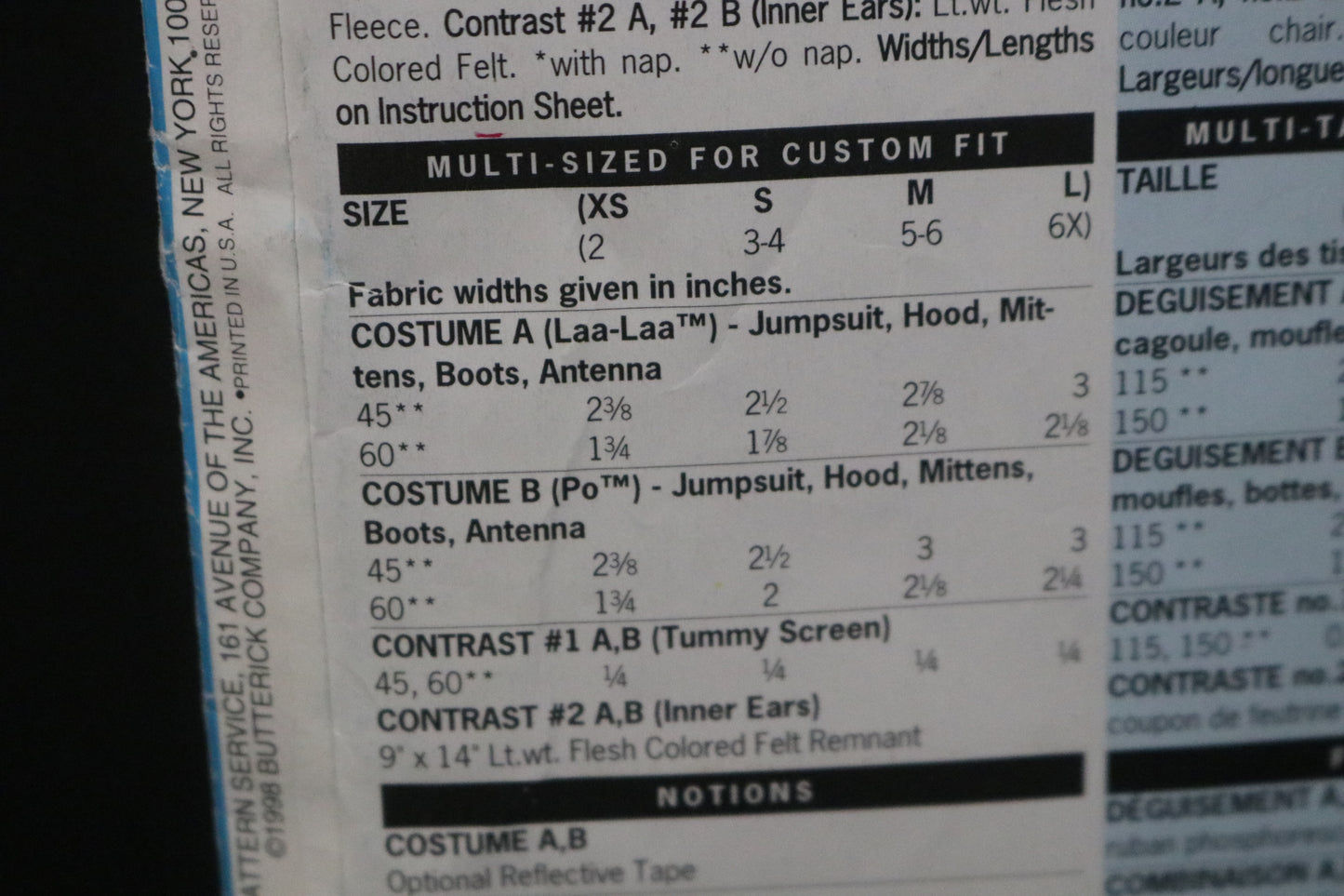 Butterick 5794 Tele Tubbies Children's LAA-LAA & PO Costumes Sewing Pattern - UNCUT - Size XS S M L