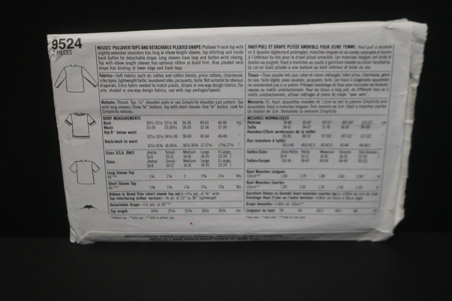 Simplicity 9524 Misses Pullover Tops and Detachable Pleated Drape Sewing Pattern - UNCUT - Size PT S M L XL