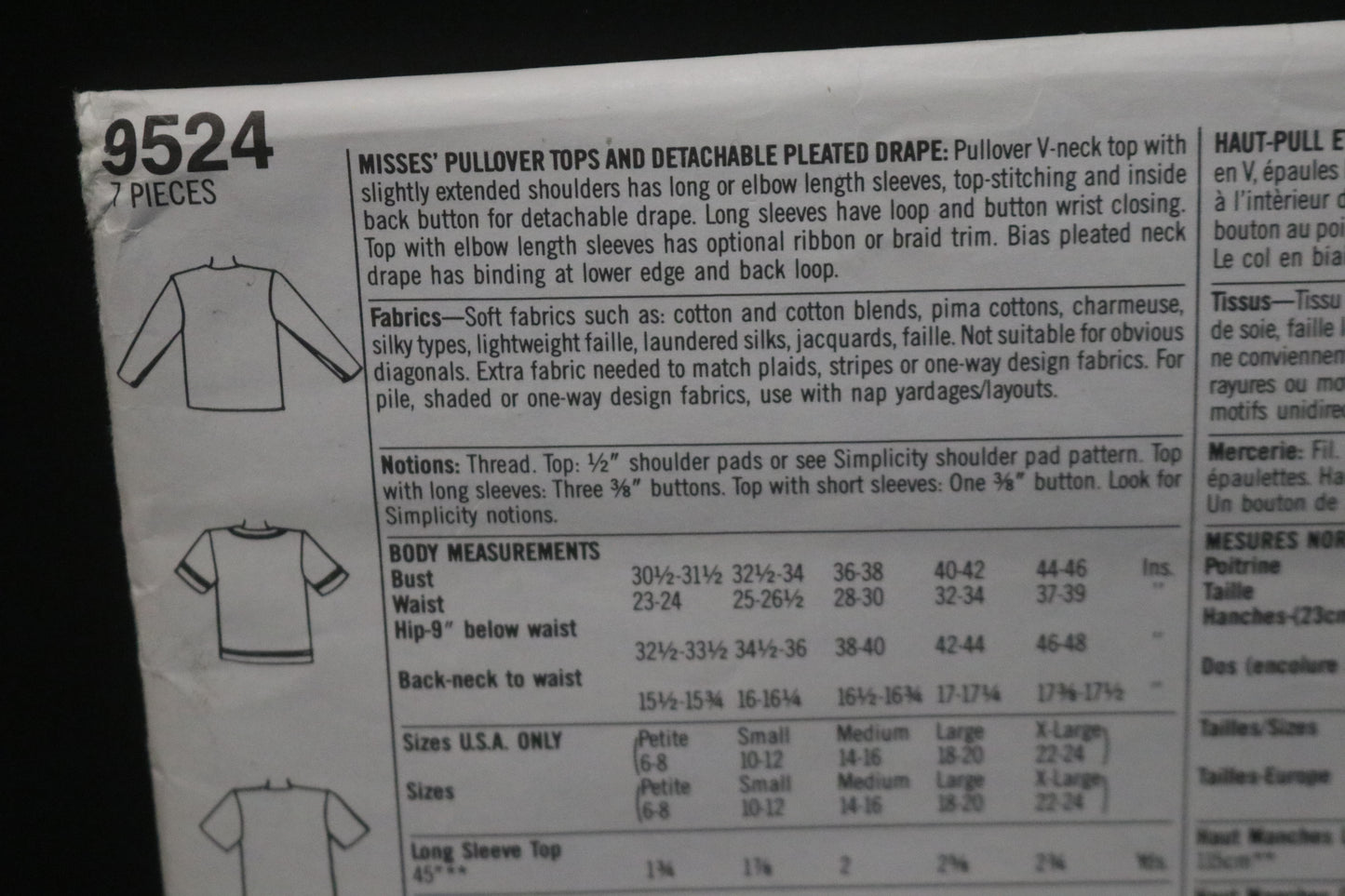 Simplicity 9524 Misses Pullover Tops and Detachable Pleated Drape Sewing Pattern - UNCUT - Size PT S M L XL
