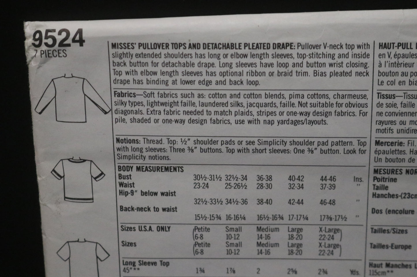 Simplicity 9524 Misses Pullover Tops and Detachable Pleated Drape Sewing Pattern - UNCUT - Size PT S M L XL