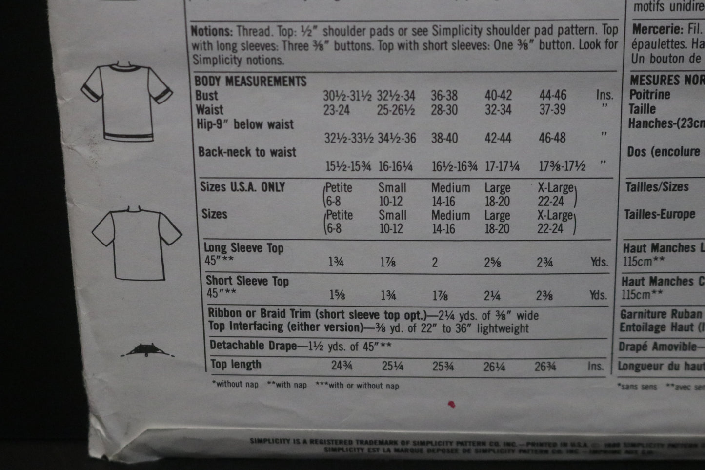 Simplicity 9524 Misses Pullover Tops and Detachable Pleated Drape Sewing Pattern - UNCUT - Size PT S M L XL