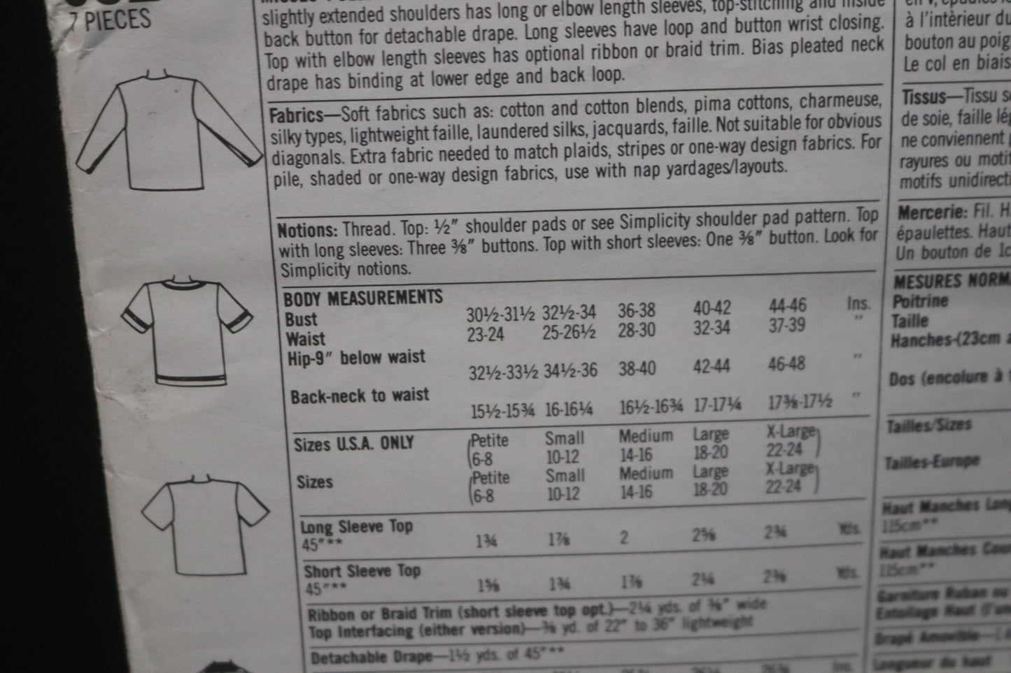 Simplicity 9524 Misses Pullover Tops and Detachable Pleated Drape Sewing Pattern - UNCUT - Size PT S M L XL