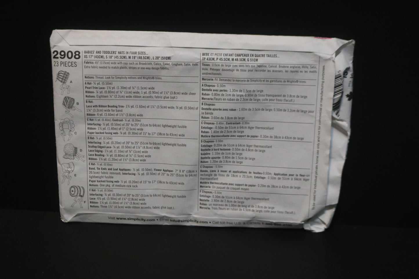 Simplicity 2908 Babies and Toddlers Hats in Four Sizes Sewing Pattern  - UNCUT - Size XS S M L