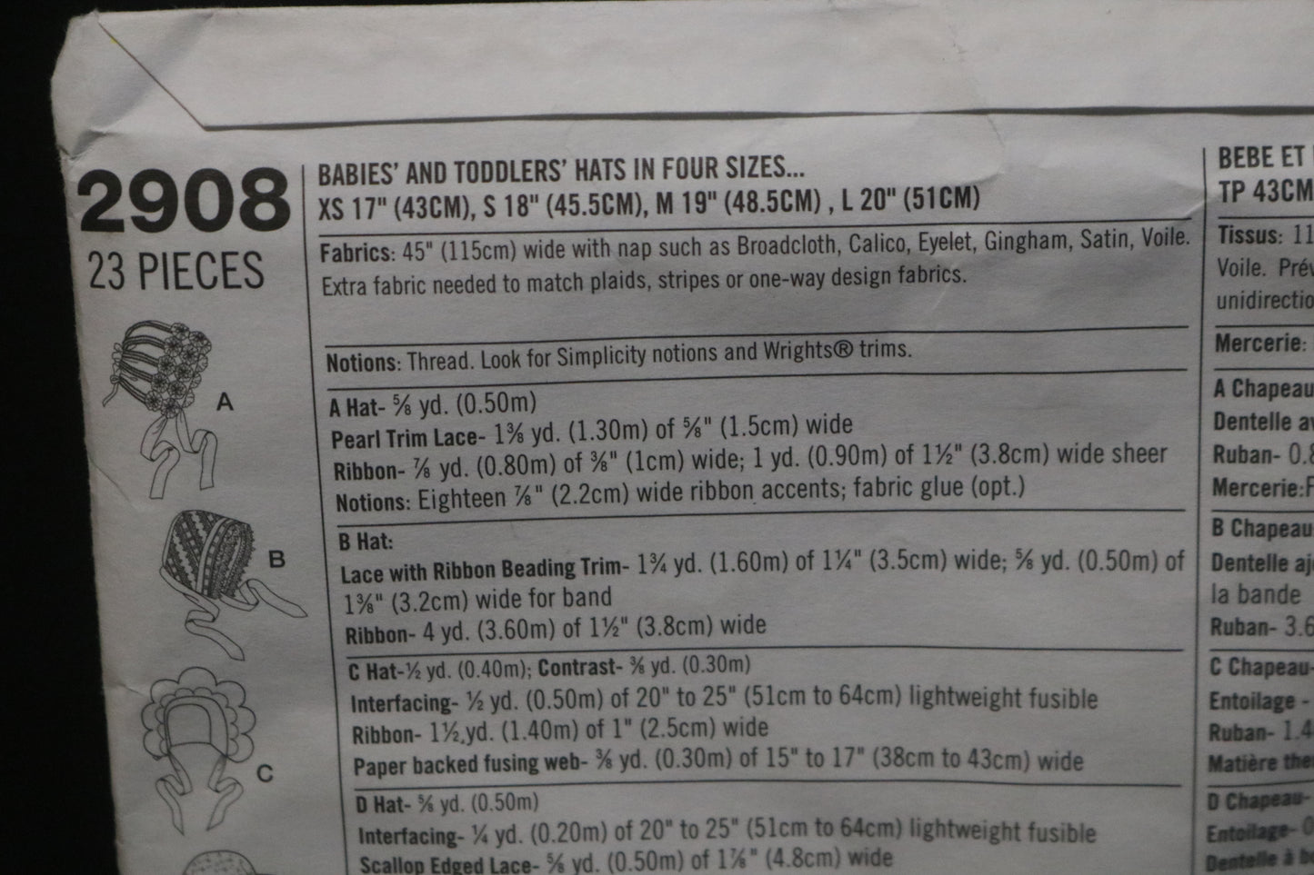 Simplicity 2908 Babies and Toddlers Hats in Four Sizes Sewing Pattern  - UNCUT - Size XS S M L