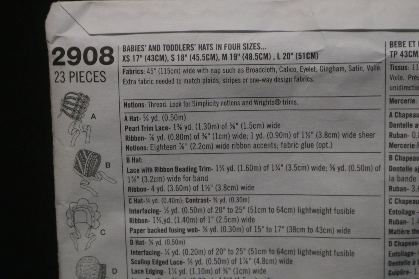 Simplicity 2908 Babies and Toddlers Hats in Four Sizes Sewing Pattern  - UNCUT - Size XS S M L