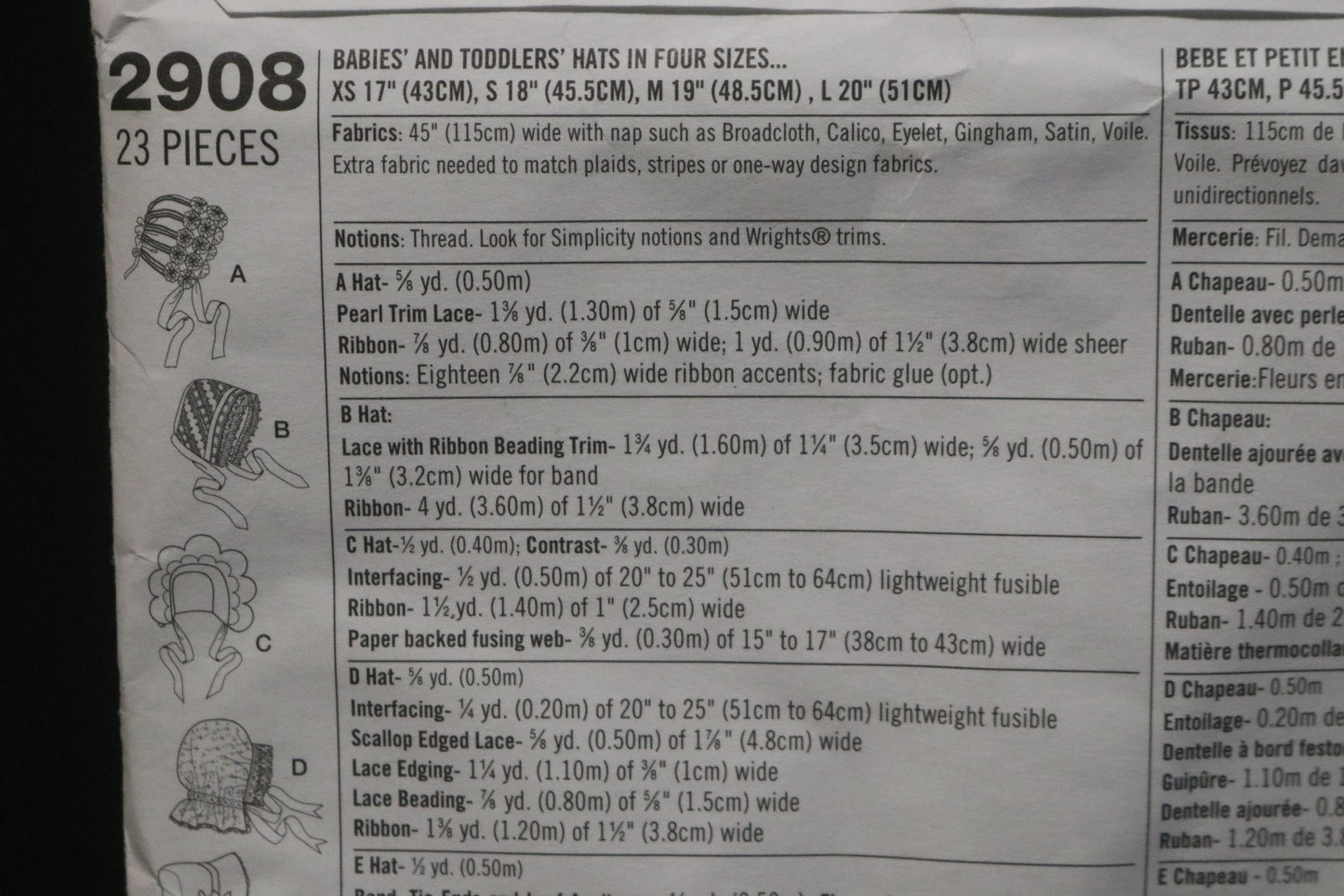 Simplicity 2908 Babies and Toddlers Hats in Four Sizes Sewing Pattern  - UNCUT - Size XS S M L