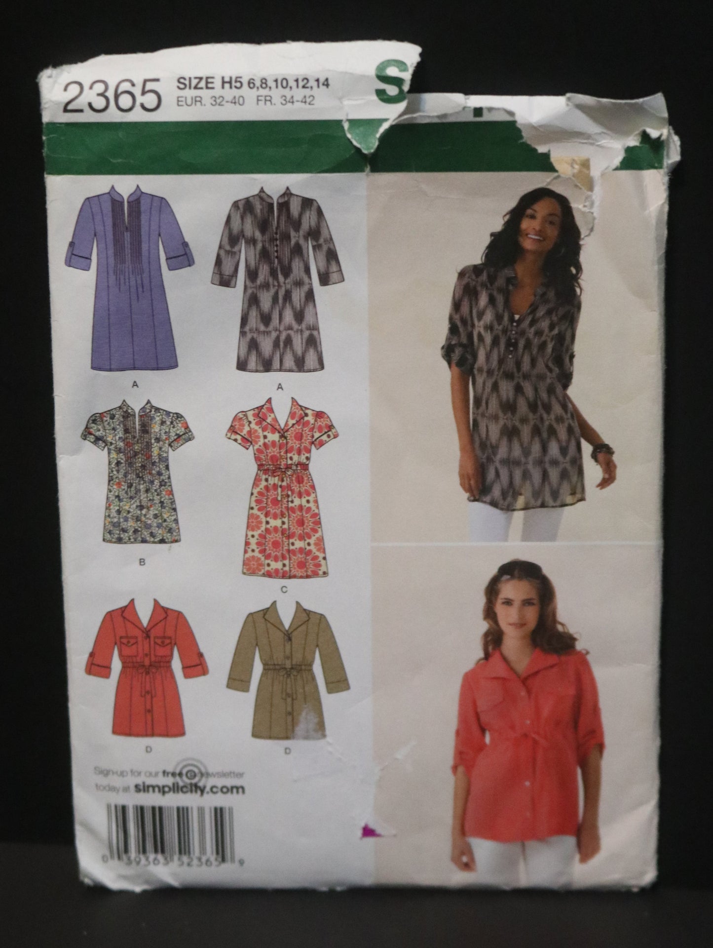 Simplicity 2365 Misses Tunic in Two Lengths with front variations Sewing Pattern - UNCUT - Size 6 8 10 12 14
