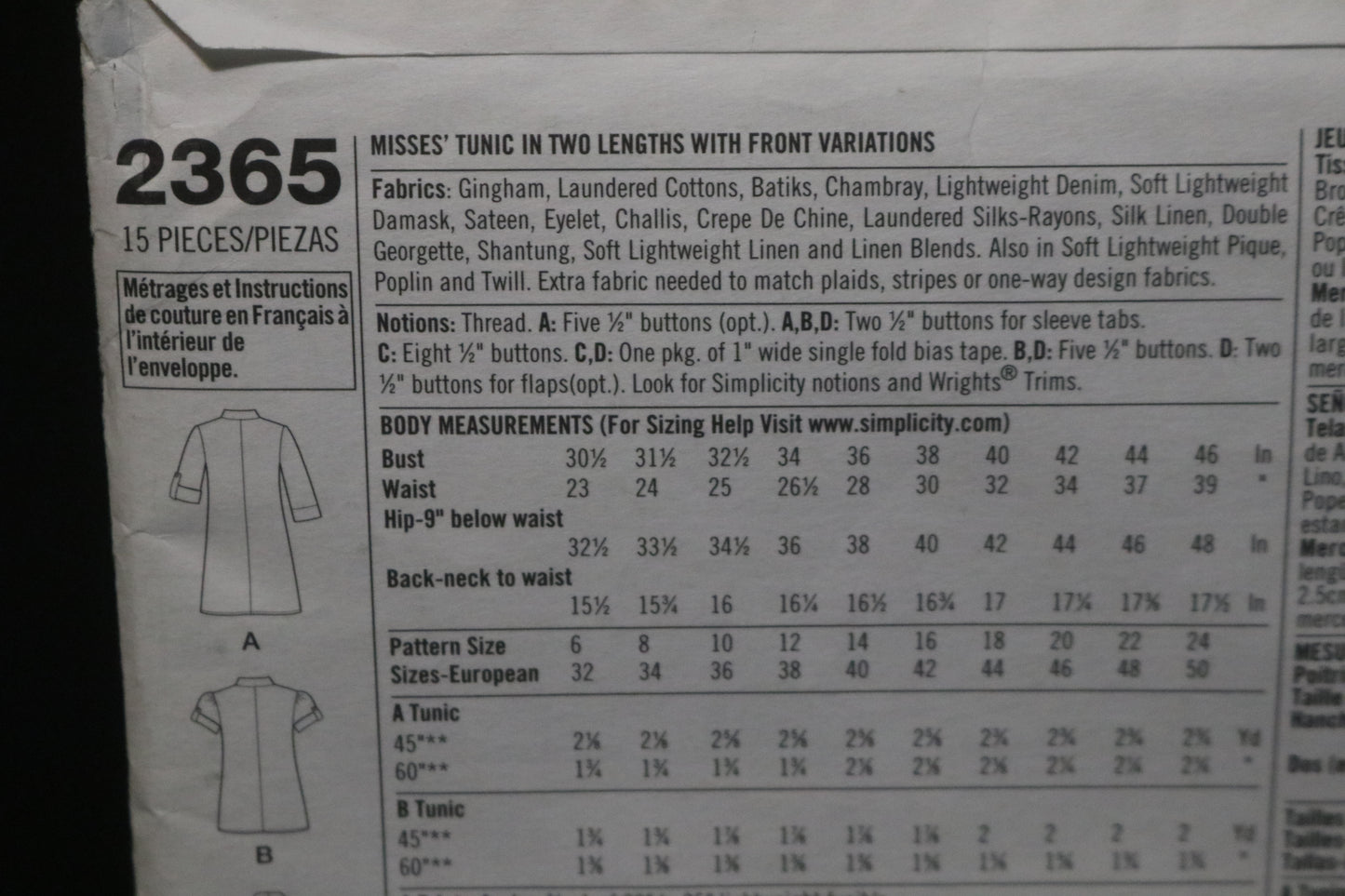 Simplicity 2365 Misses Tunic in Two Lengths with front variations Sewing Pattern - UNCUT - Size 6 8 10 12 14