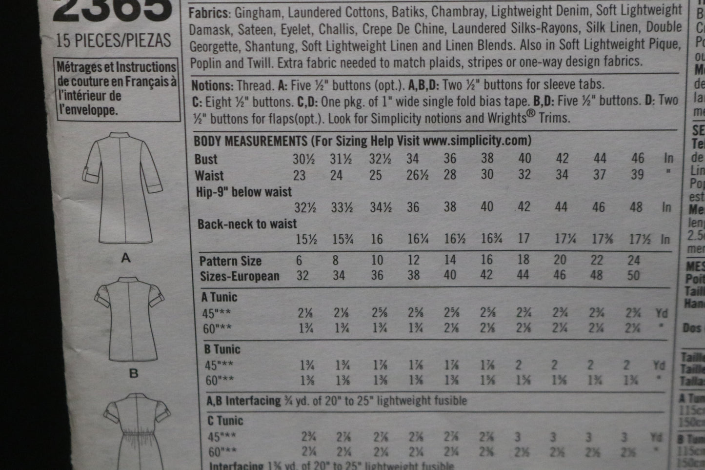 Simplicity 2365 Misses Tunic in Two Lengths with front variations Sewing Pattern - UNCUT - Size 6 8 10 12 14