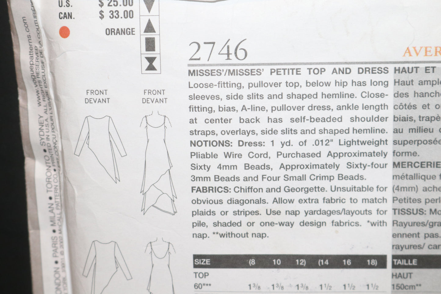 Vogue 2746 Tom and Linda Platt Misses / Miss Petite Top and Dress Sewing Pattern - UNCUT - Size 14 16 18