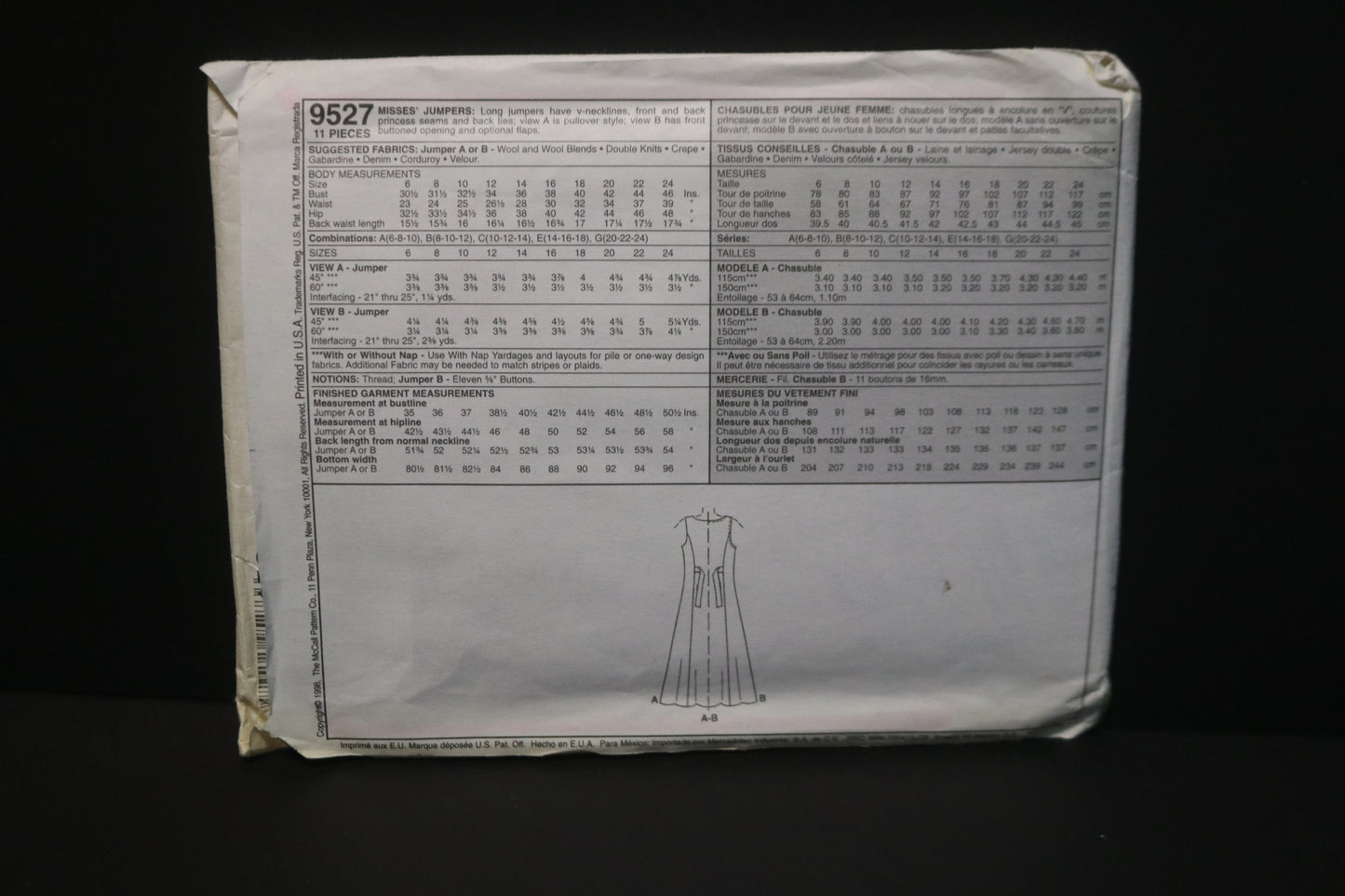 McCalls 9527 MIsses Jumper Sewing Pattern - UNCUT - Size 10 12 14