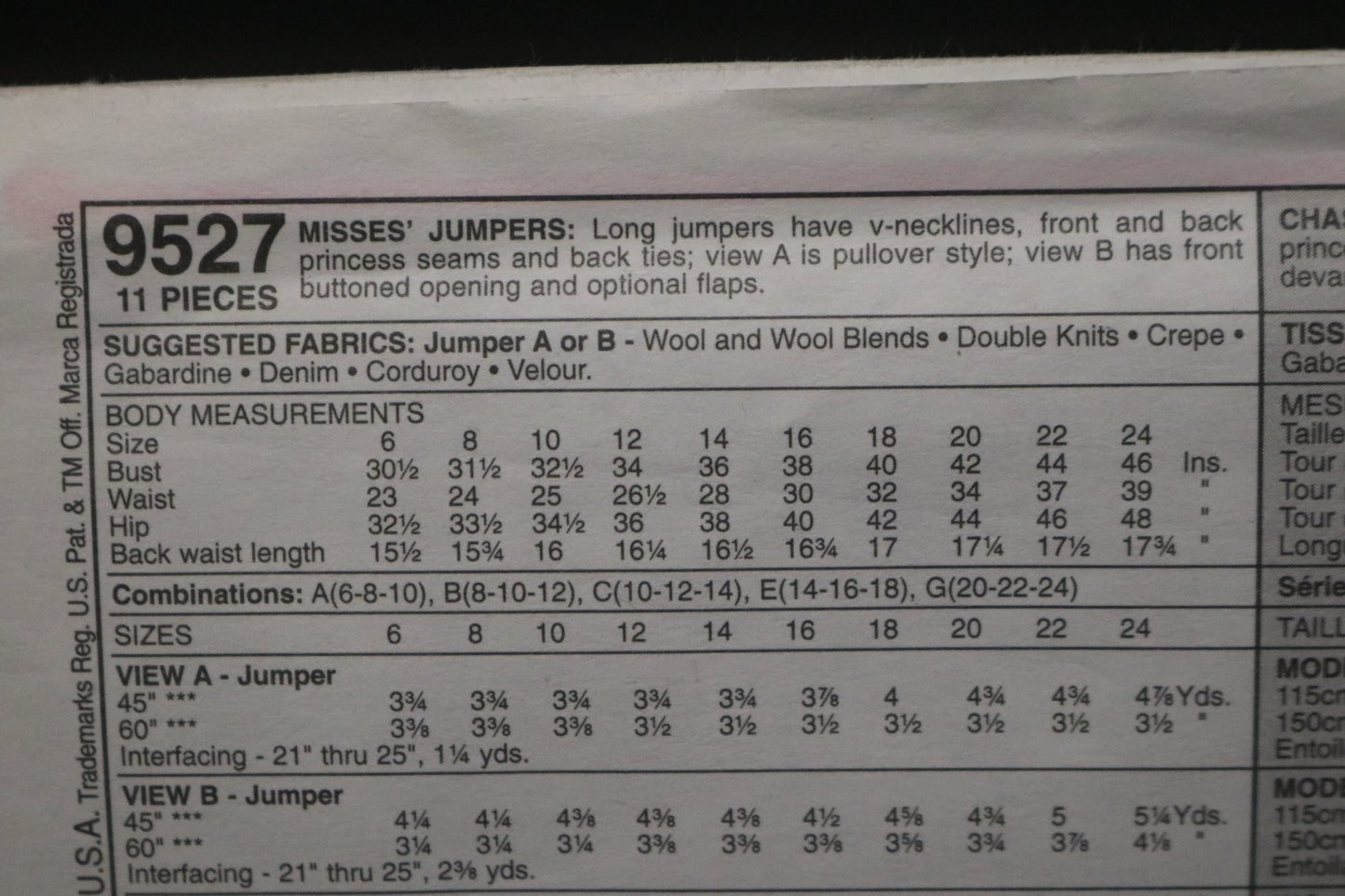 McCalls 9527 MIsses Jumper Sewing Pattern - UNCUT - Size 10 12 14