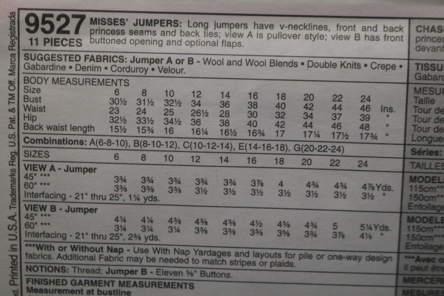 McCalls 9527 MIsses Jumper Sewing Pattern - UNCUT - Size 10 12 14