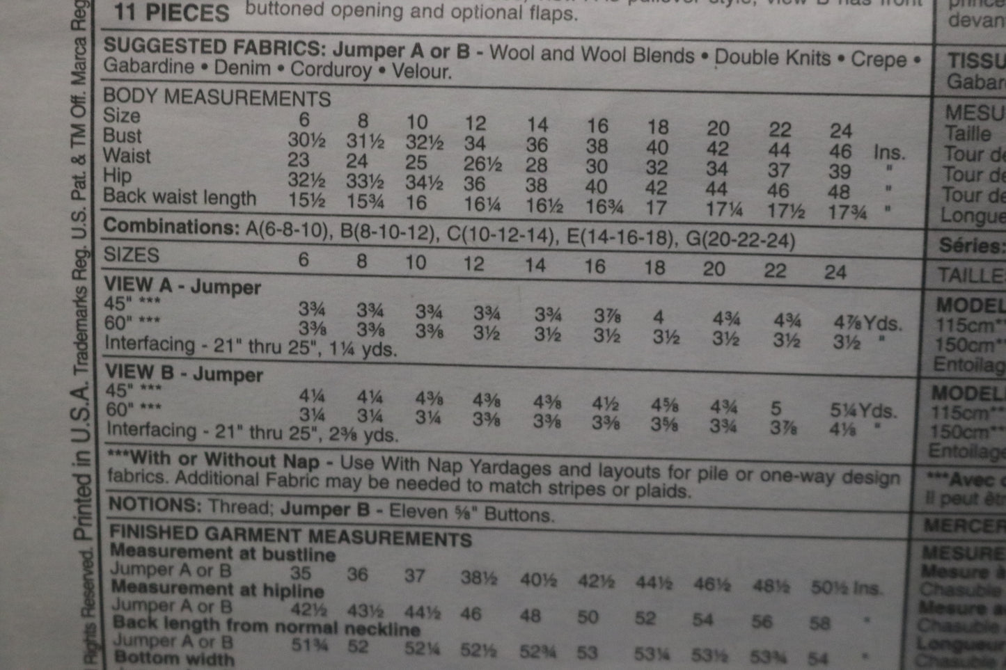 McCalls 9527 MIsses Jumper Sewing Pattern - UNCUT - Size 10 12 14