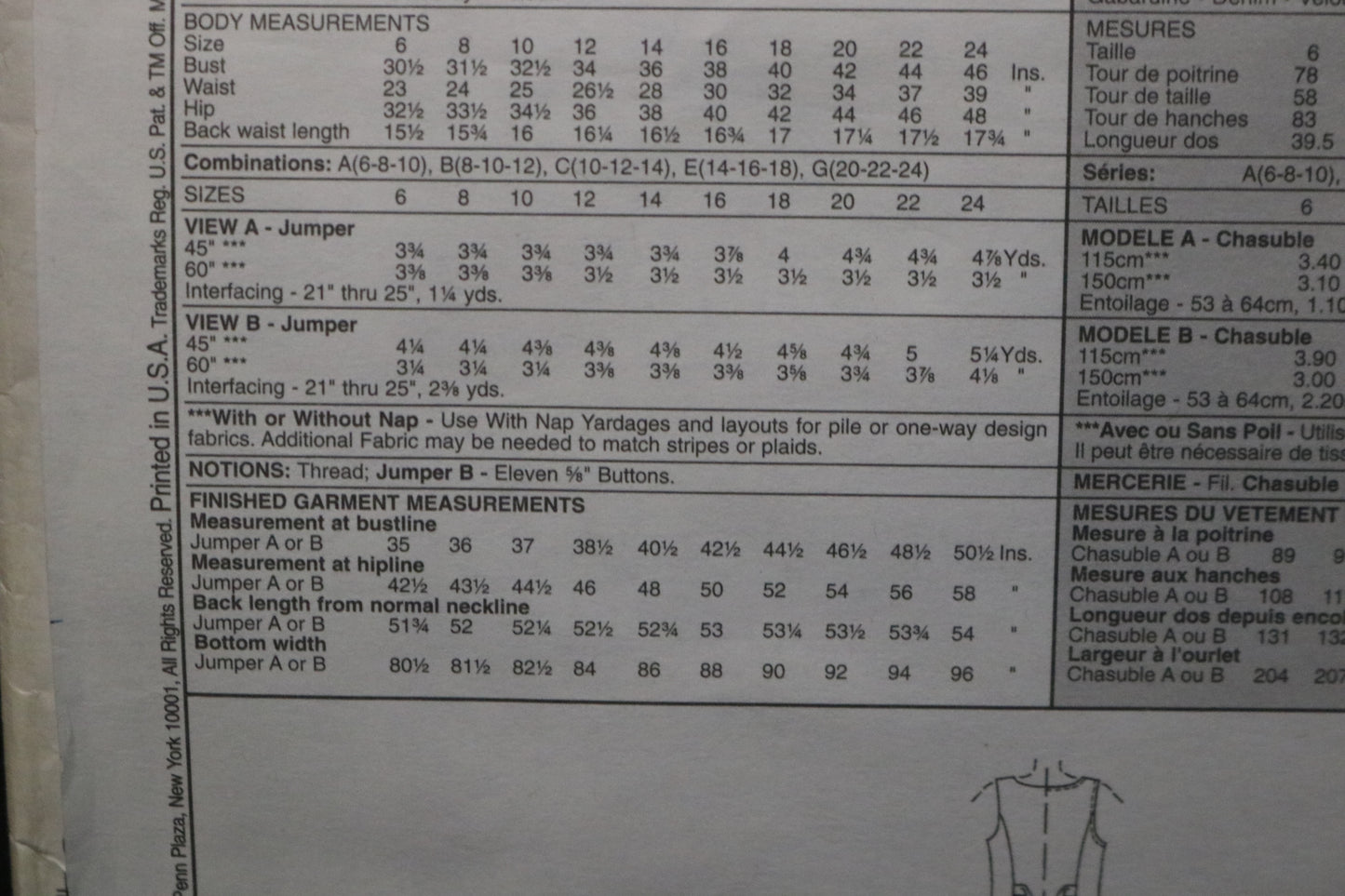 McCalls 9527 MIsses Jumper Sewing Pattern - UNCUT - Size 10 12 14