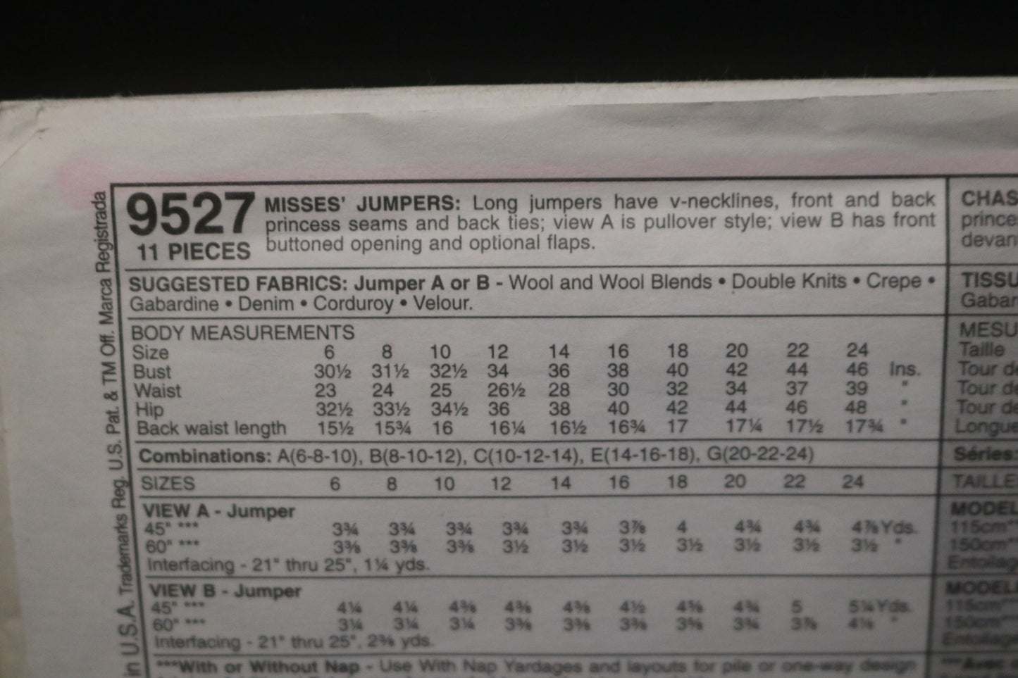 McCalls 9527 MIsses Jumper Sewing Pattern - UNCUT - Size 10 12 14