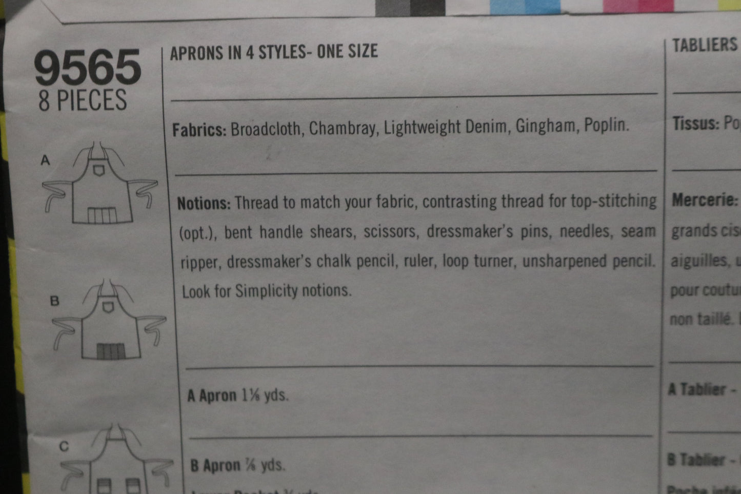Simplicity 9565 Aprons in 4 Styles Sewing Pattern - UNCUT One Size