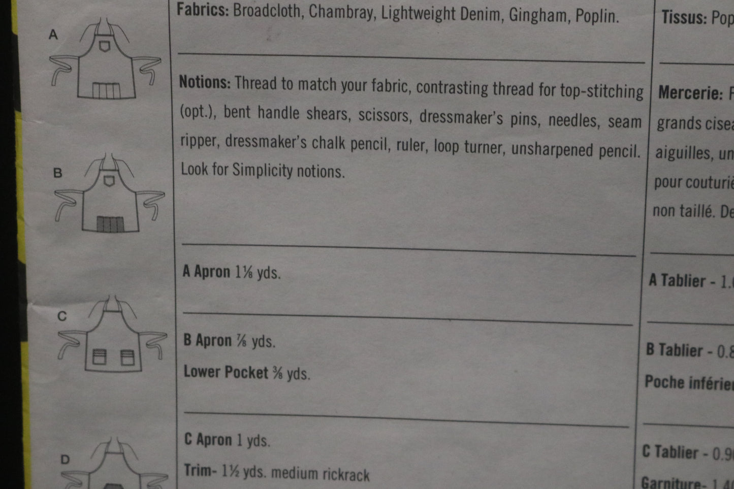 Simplicity 9565 Aprons in 4 Styles Sewing Pattern - UNCUT One Size