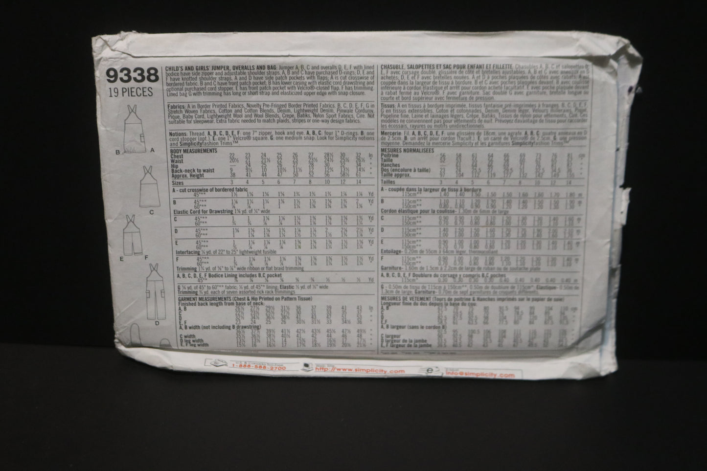 Simplicity 9338 Childs and Girls Jumper, Overall and Bag Sewing Pattern - UNCUT Size 3 4 5 6