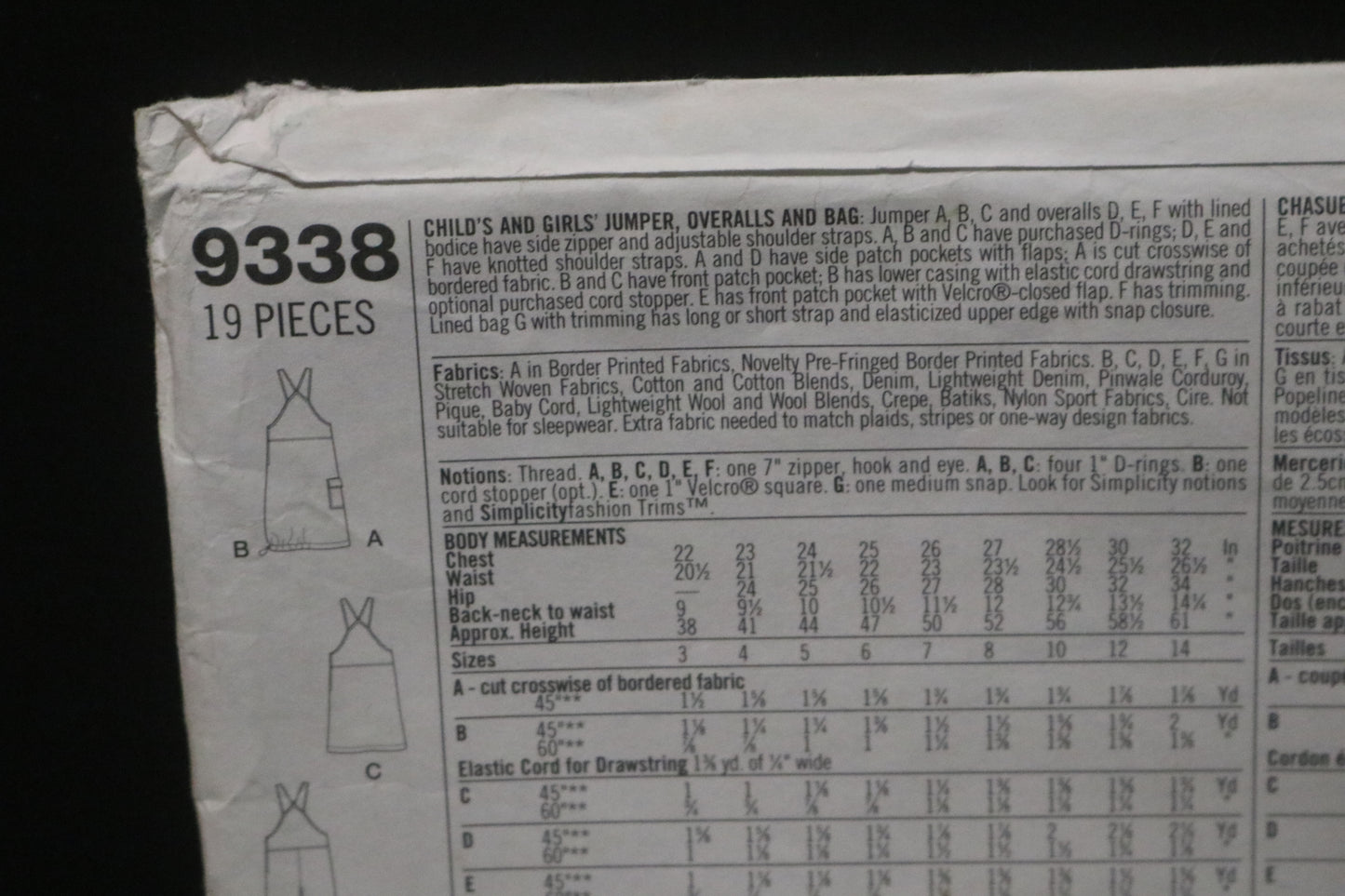 Simplicity 9338 Childs and Girls Jumper, Overall and Bag Sewing Pattern - UNCUT Size 3 4 5 6