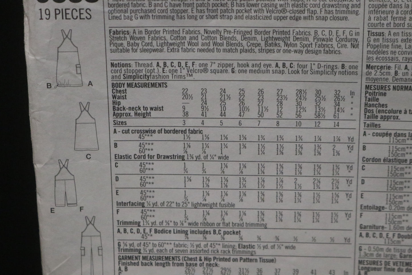 Simplicity 9338 Childs and Girls Jumper, Overall and Bag Sewing Pattern - UNCUT Size 3 4 5 6
