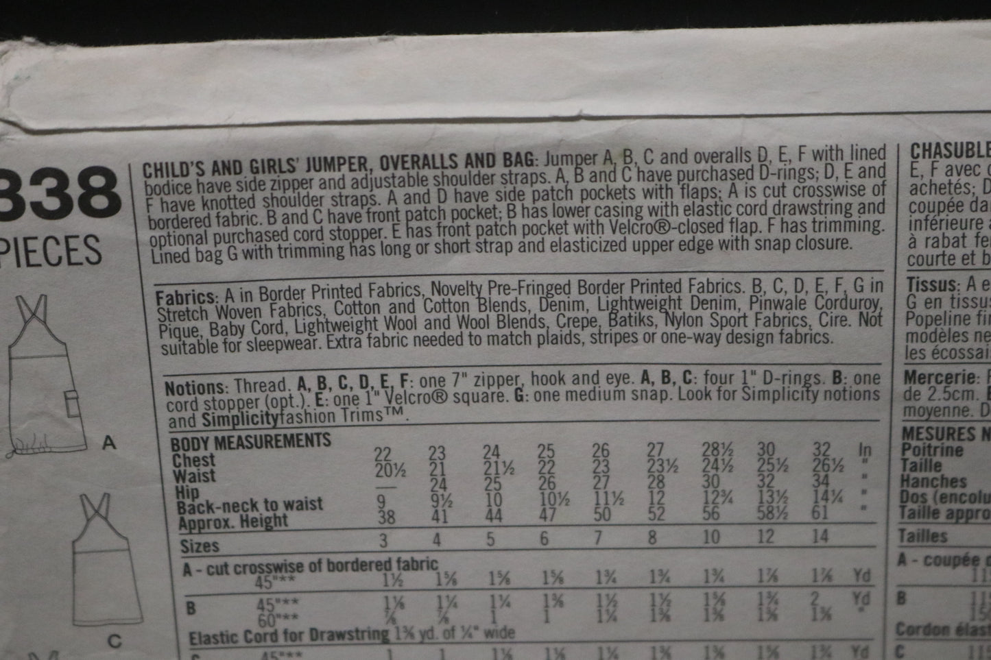 Simplicity 9338 Childs and Girls Jumper, Overall and Bag Sewing Pattern - UNCUT Size 3 4 5 6