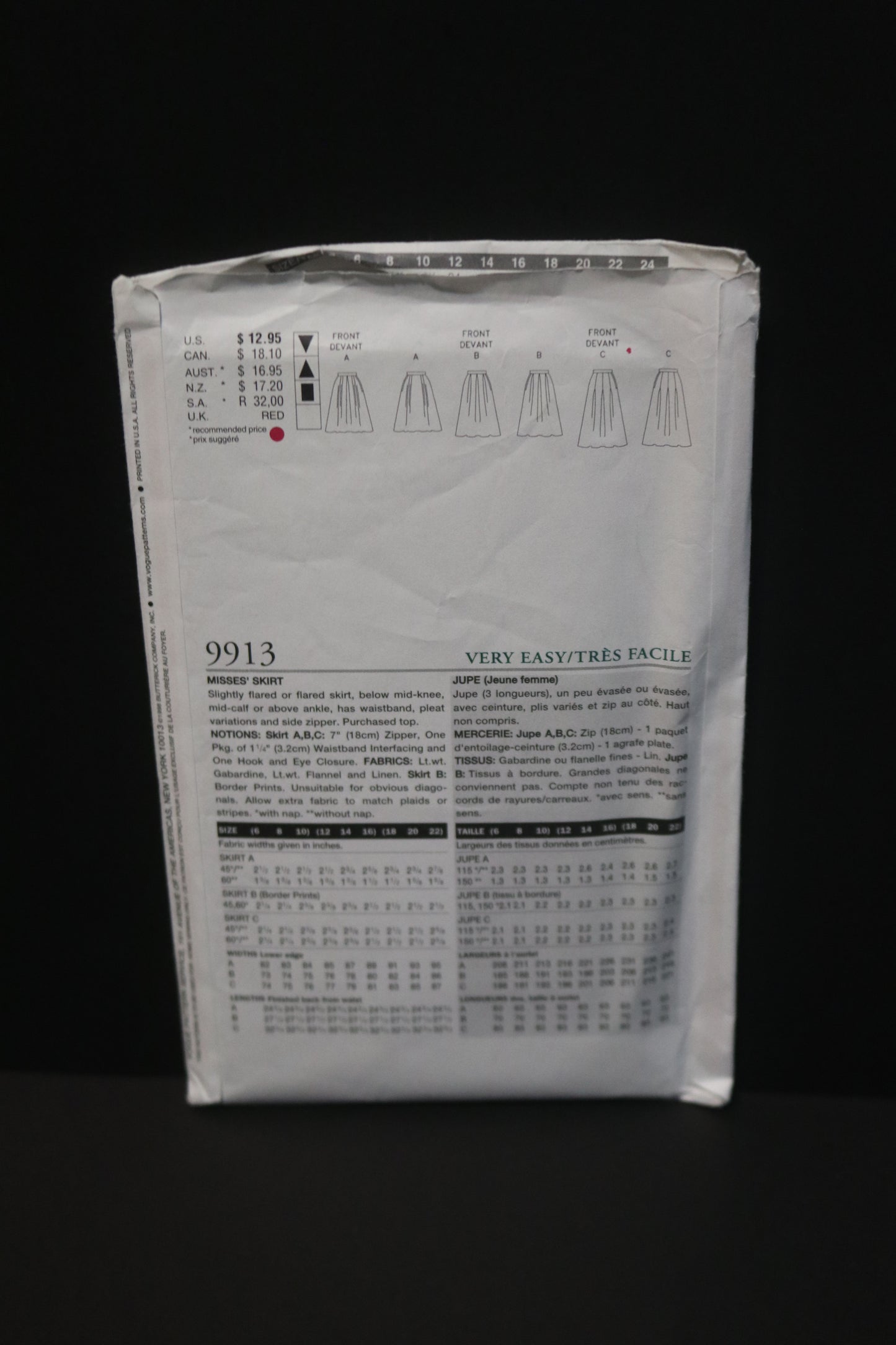 Vogue 9913  Misses Skirt Sewing Pattern - UNCUT -  Size 12 14 16
