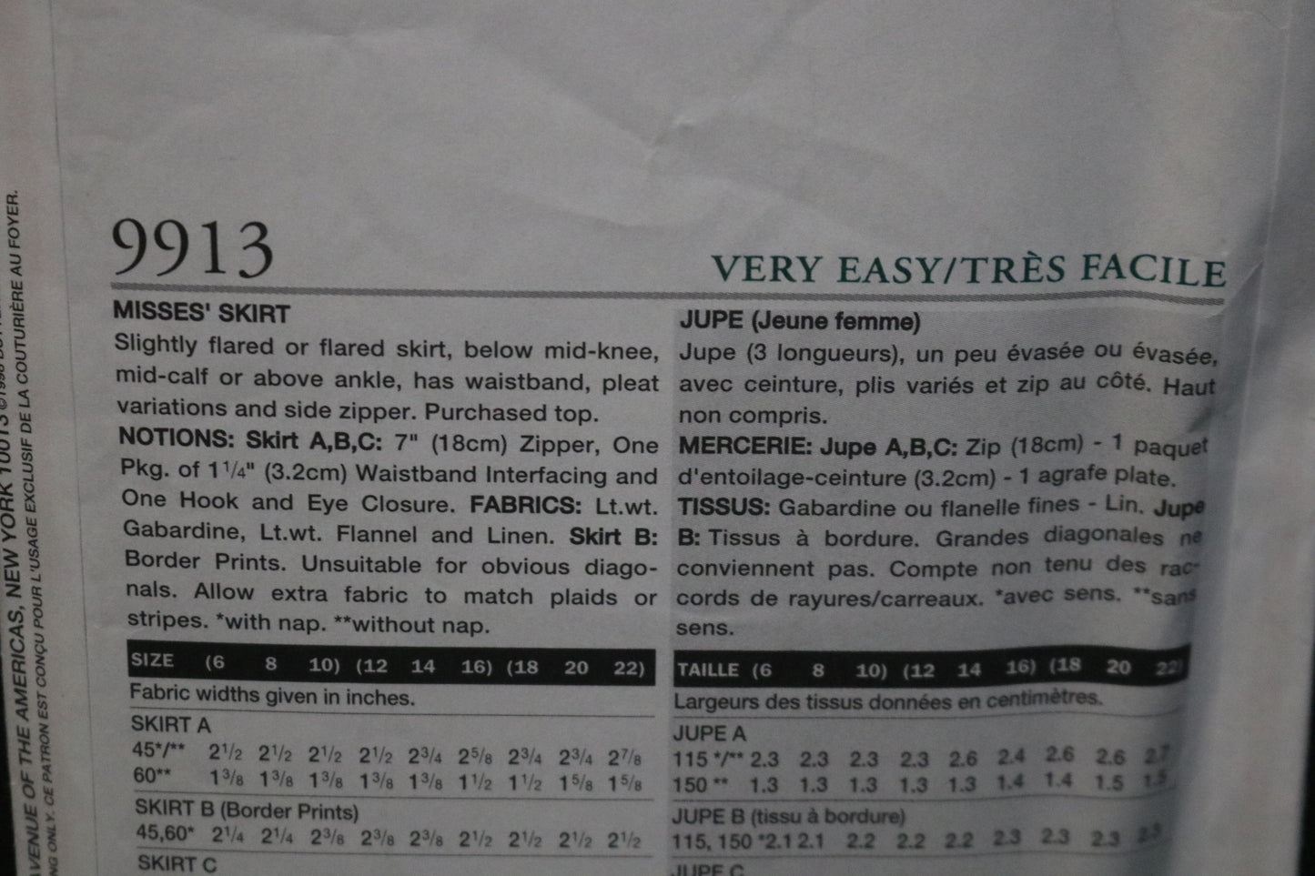 Vogue 9913  Misses Skirt Sewing Pattern - UNCUT -  Size 12 14 16