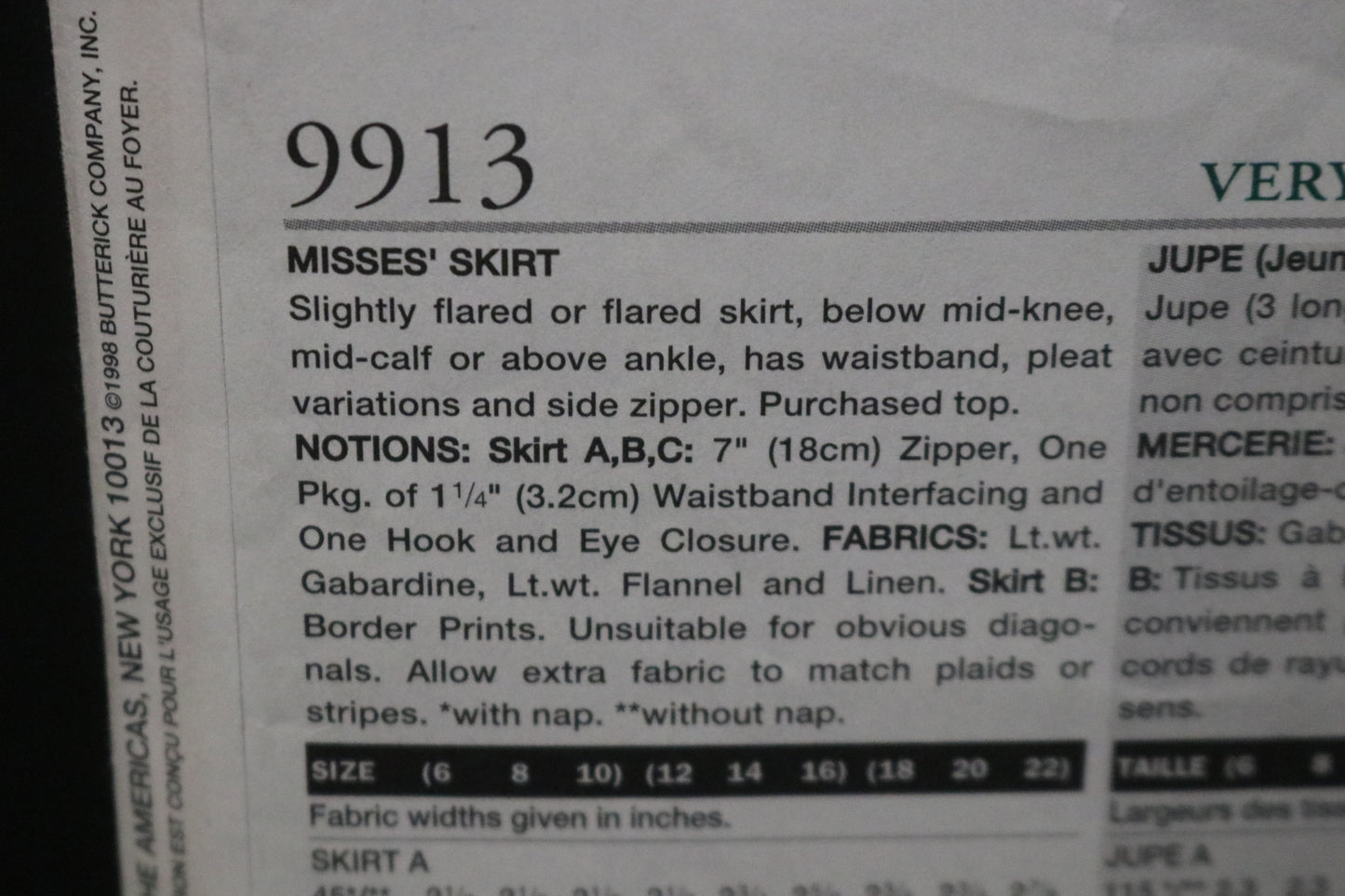 Vogue 9913  Misses Skirt Sewing Pattern - UNCUT -  Size 12 14 16