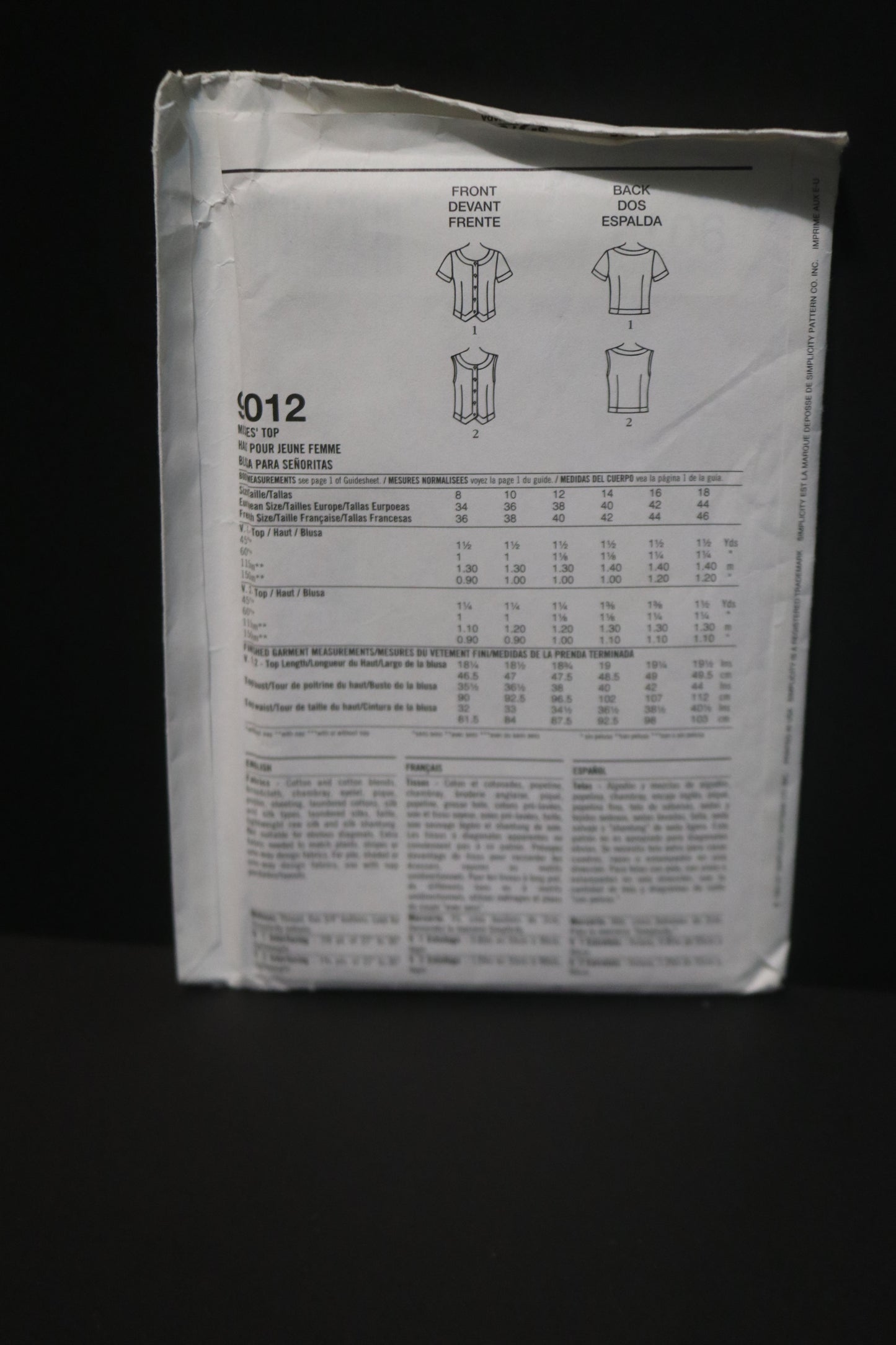 Simplicity 9012 Misses Tops Sewing Pattern - UNCUT - Size 8 - 18