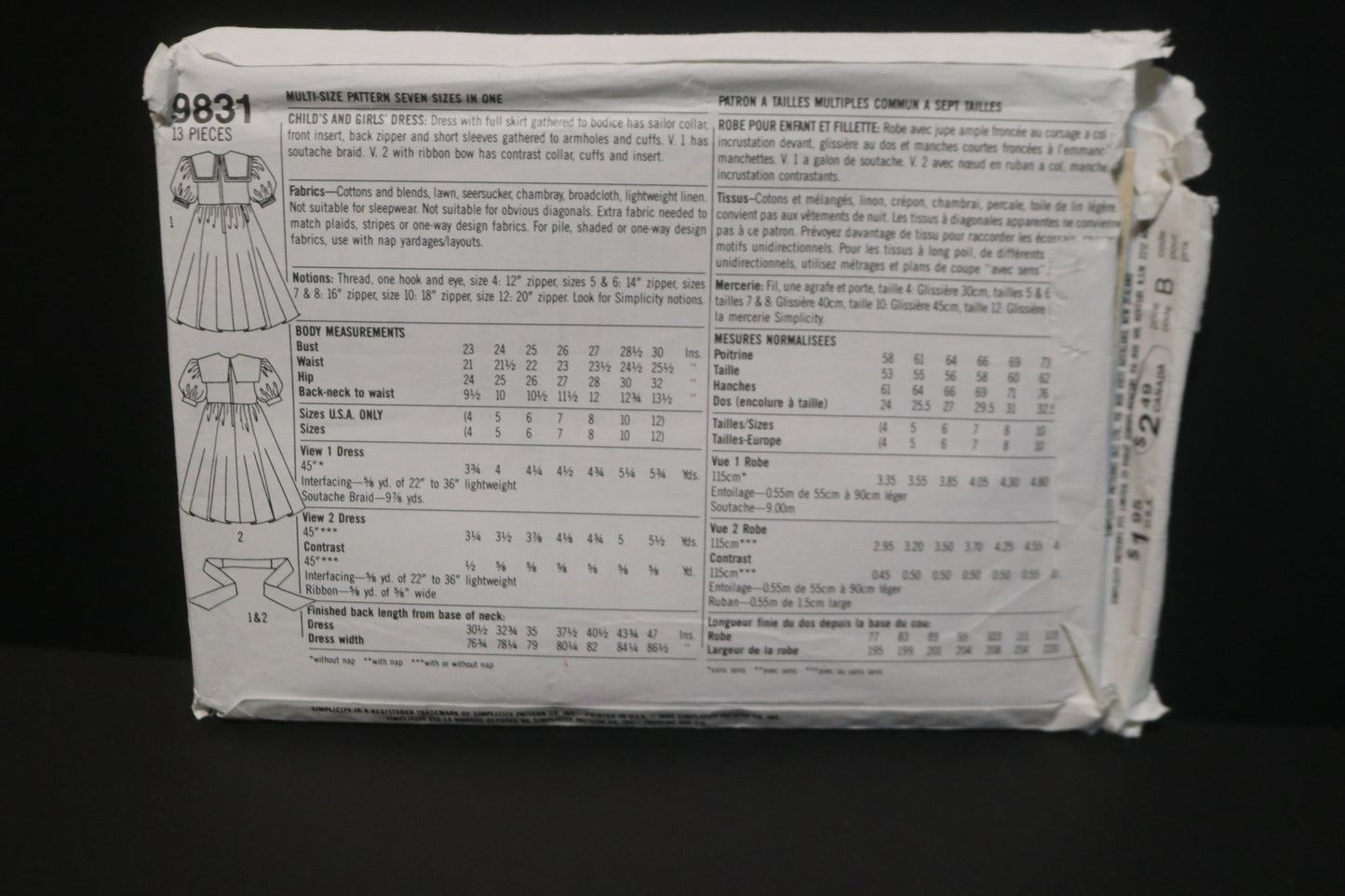 Simplicity 9831 Girls and Childs Dress Sewing Pattern - UNCUT - Size 4 - 12