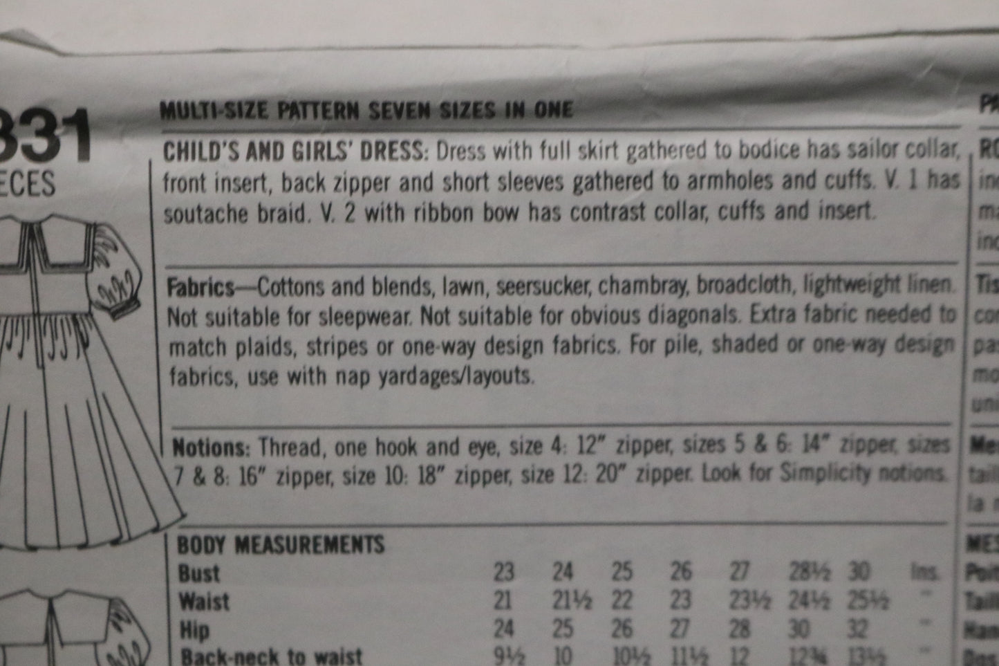 Simplicity 9831 Girls and Childs Dress Sewing Pattern - UNCUT - Size 4 - 12