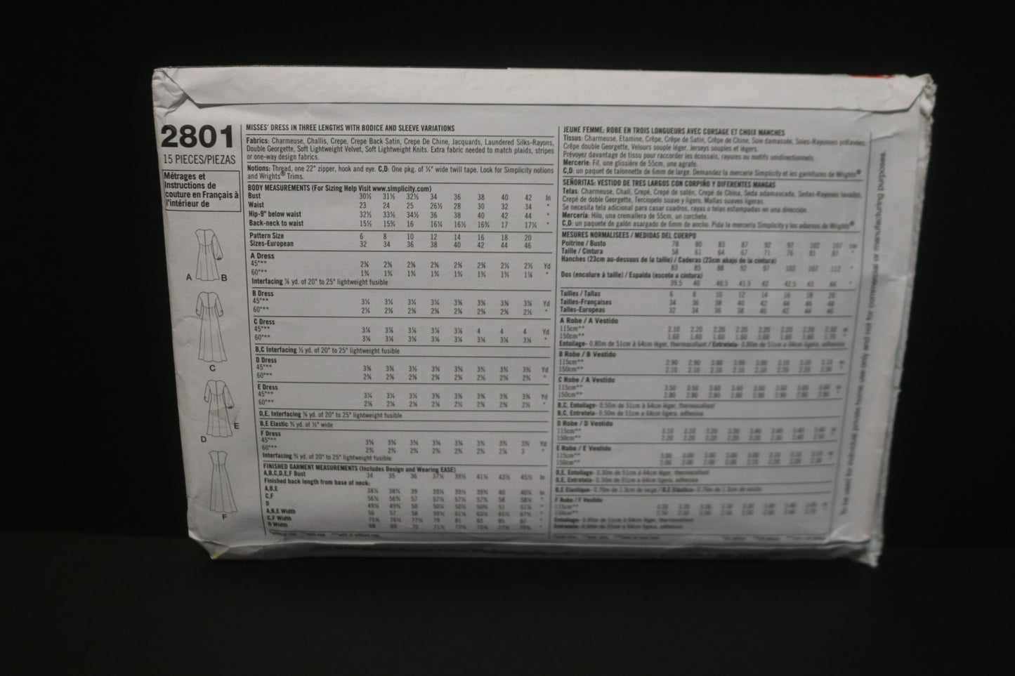 Simplicity 2801 Misses Dress in Three Lengths with Bodice and Sleeve Variations Sewing Pattern UNCUT  Size 12 - 20