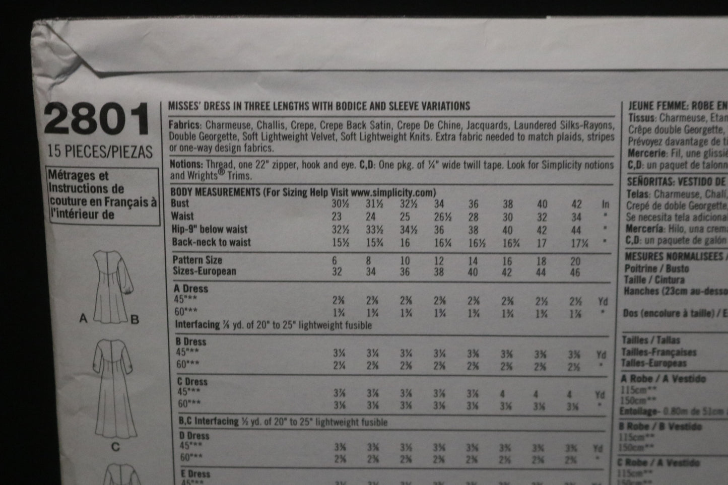 Simplicity 2801 Misses Dress in Three Lengths with Bodice and Sleeve Variations Sewing Pattern UNCUT  Size 12 - 20